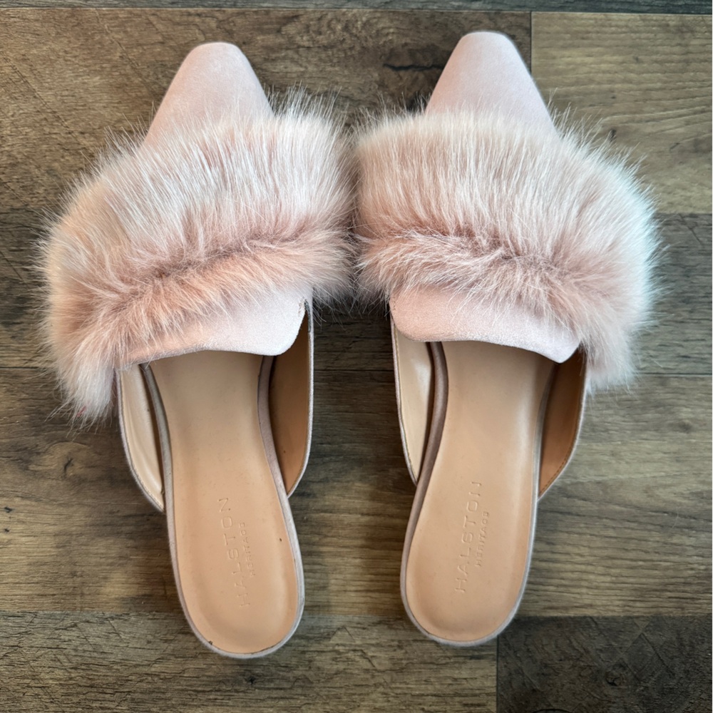 Halston Heritage Dusty Rose Pink Fur Mules/Loafers size 10